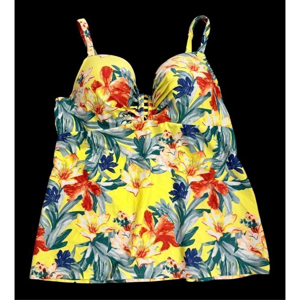 Cacique Women Tankini Swim Top In Yellow Floral Print Lattice Slit Plus Size 40C - Picture 6 of 15